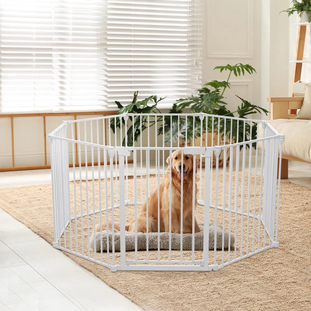Pet Gates, Dog Playpen 8Panel 198" Extra Wide 30" Tall Fireplace Fence Playard, White