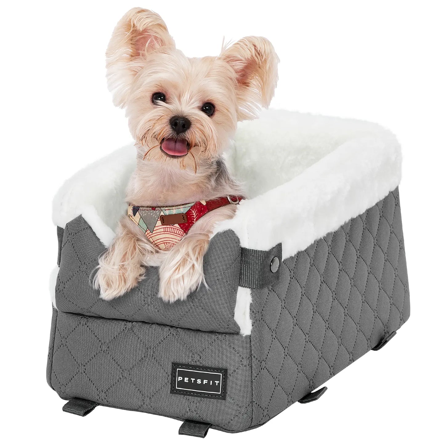 PETSFIT Center Console Dog Car Seat with 5-Year Warranty, Enhanced Safety Hooks and Tethers, Washable Cushion, Designed for Small Dogs up to 8 lbs (Grey)
