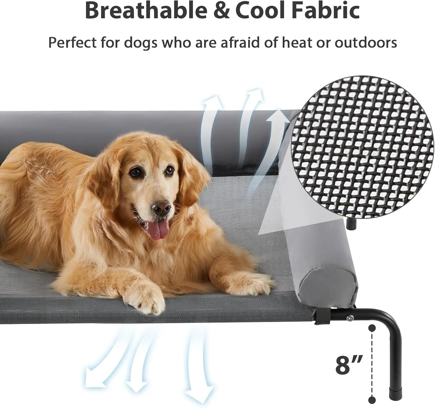 BFPETHOME Cooling Elevated Dog Bed for Large Dogs - Waterproof Raised Cot with Slope Headrest, Breathable Teslin Mesh, Durable Portable Pet Bed for Joint Relief, Indoor & Outdoor Use, Grey,Summervibes