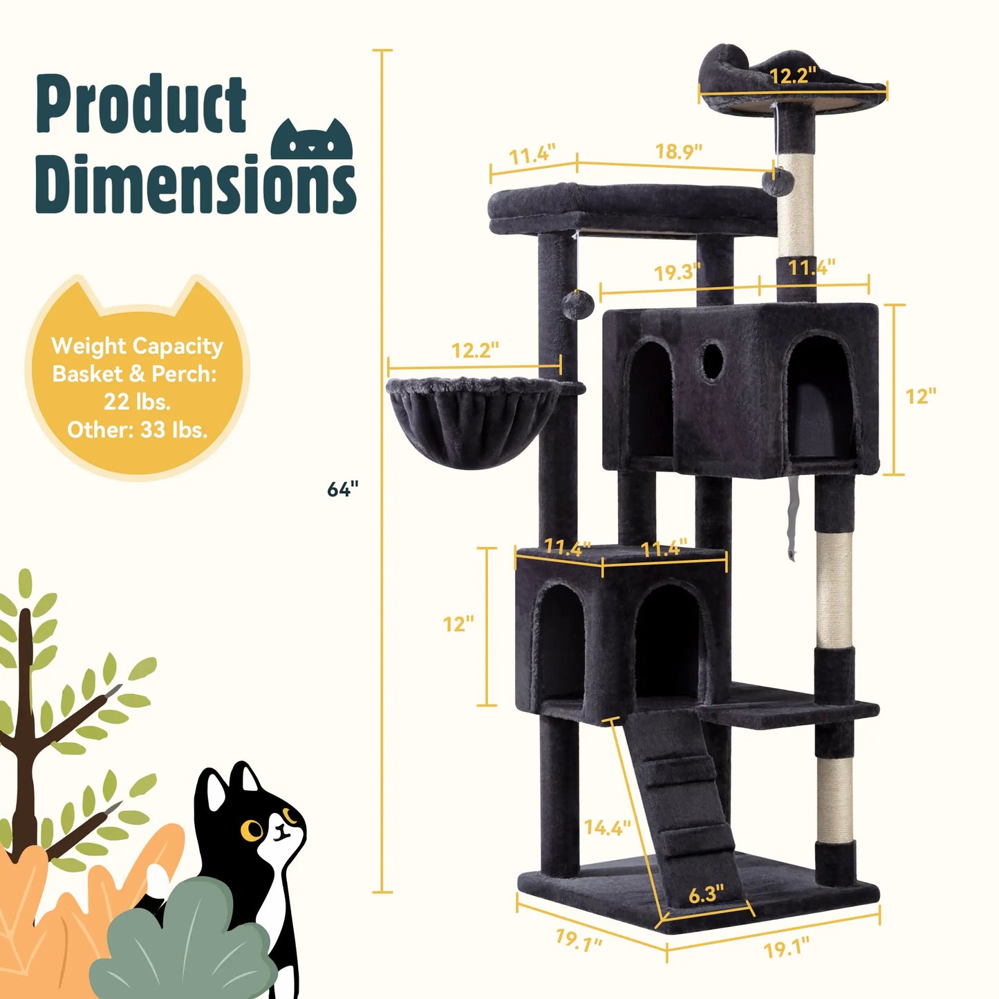 HOOMIC 64-Inch Large Cat Tree – Multi-Level Cat Tower with Durable Activity Center for Indoor Cats,Beige/Dark Grey/Grey/Pink/Leopard Print & Spot Patterns#Summervibes