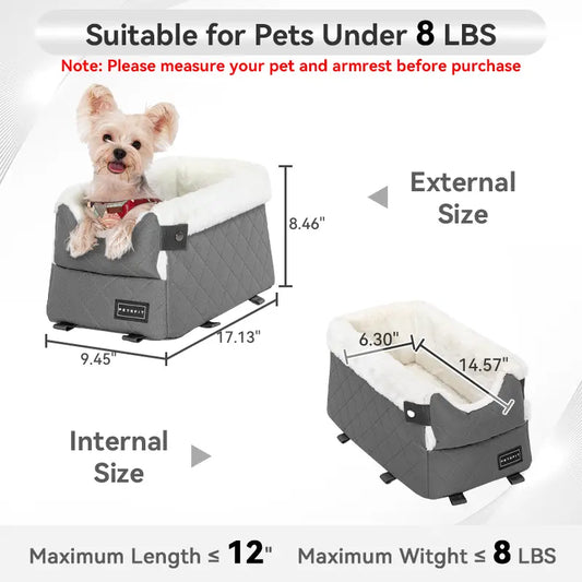 PETSFIT Center Console Dog Car Seat with 5-Year Warranty, Enhanced Safety Hooks and Tethers, Washable Cushion, Designed for Small Dogs up to 8 lbs (Grey)