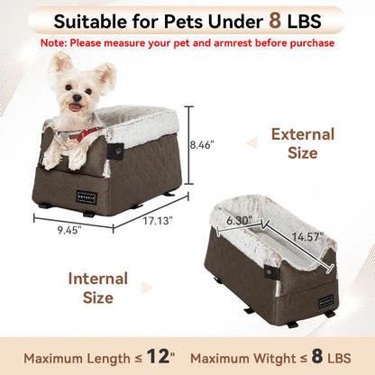 PETSFIT Center Console Dog Car Seat with 5-Year Warranty, Enhanced Safety Hooks and Tethers, Washable Cushion, Designed for Small Dogs up to 8 lbs (Grey)