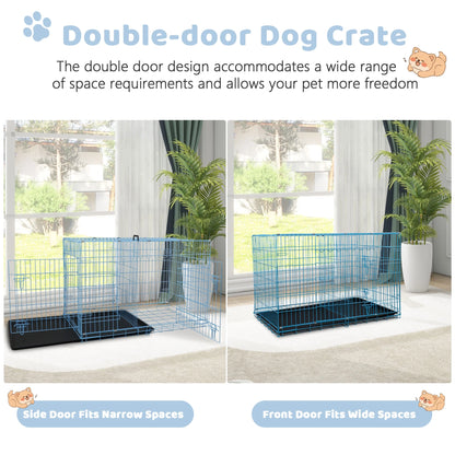 42 Inch Dog Crate, Dog Crates and Kennels for Big Dog Foldable Large Dog Crate for Large Dogs with Handle Double-Door Outdoor Metal Wire Dog Cage with Plastic Tray for Medium Dogs, Blue