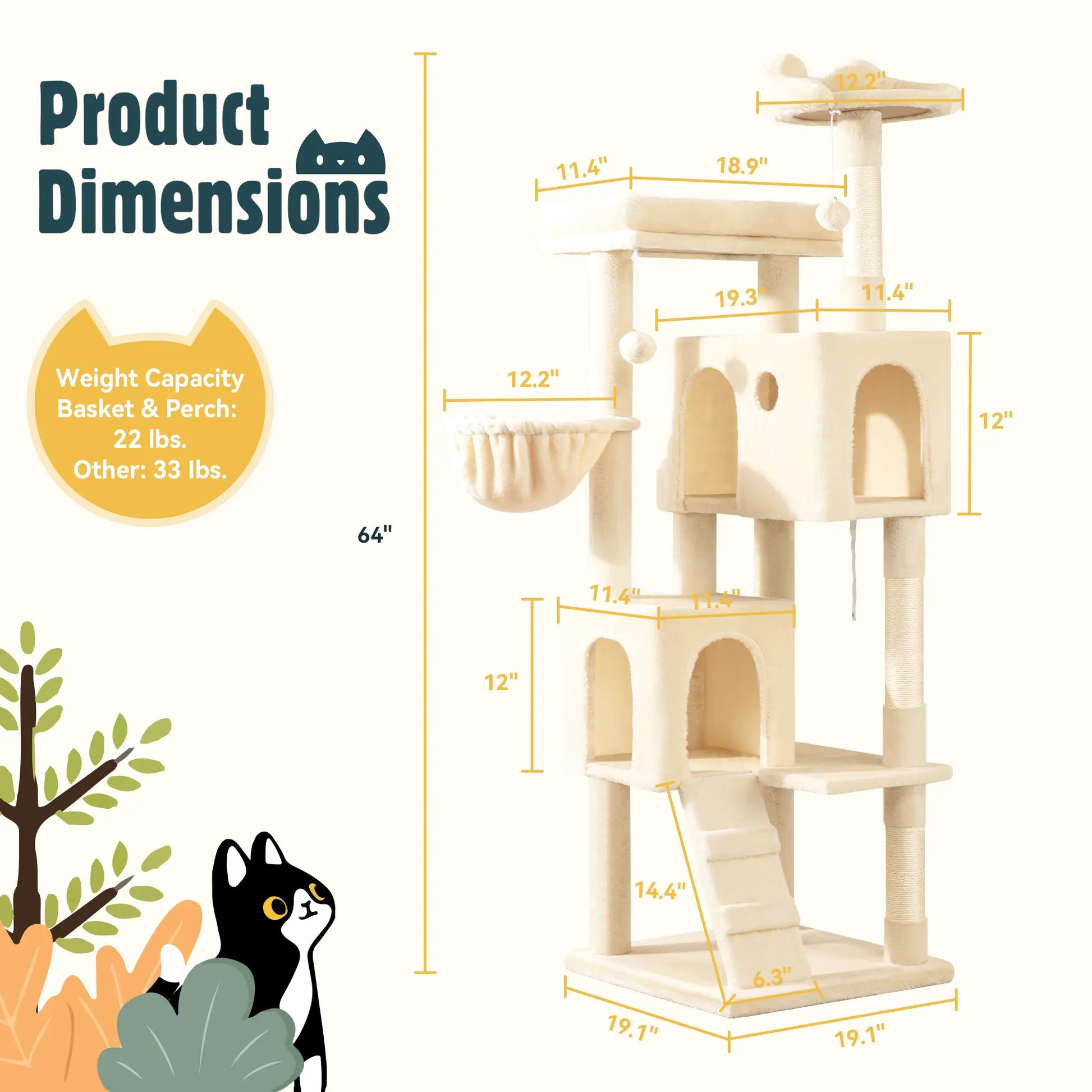HOOMIC 64-Inch Large Cat Tree – Multi-Level Cat Tower with Durable Activity Center for Indoor Cats,Beige/Dark Grey/Grey/Pink/Leopard Print & Spot Patterns#Summervibes