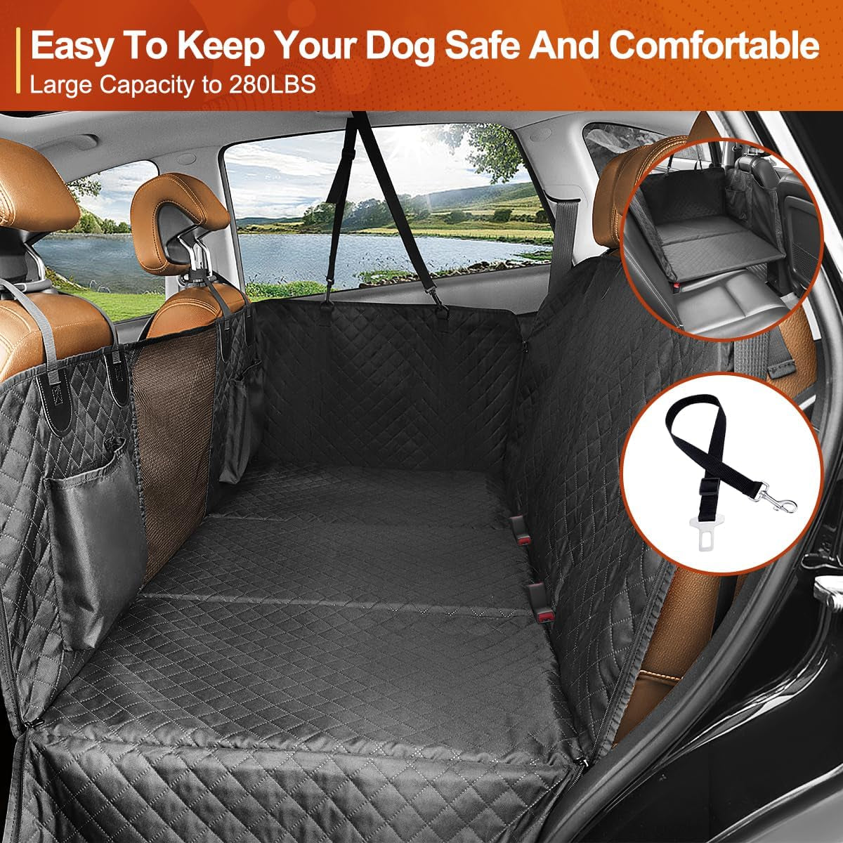 Premium Dog Car Seat Cover and Hammock for Backseat Protection in Cars, Trucks, and SUVs - Non-Inflatable with Hard Bottom Design