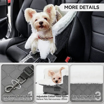 PETSFIT Center Console Dog Car Seat with 5-Year Warranty, Enhanced Safety Hooks and Tethers, Washable Cushion, Designed for Small Dogs up to 8 lbs (Grey)