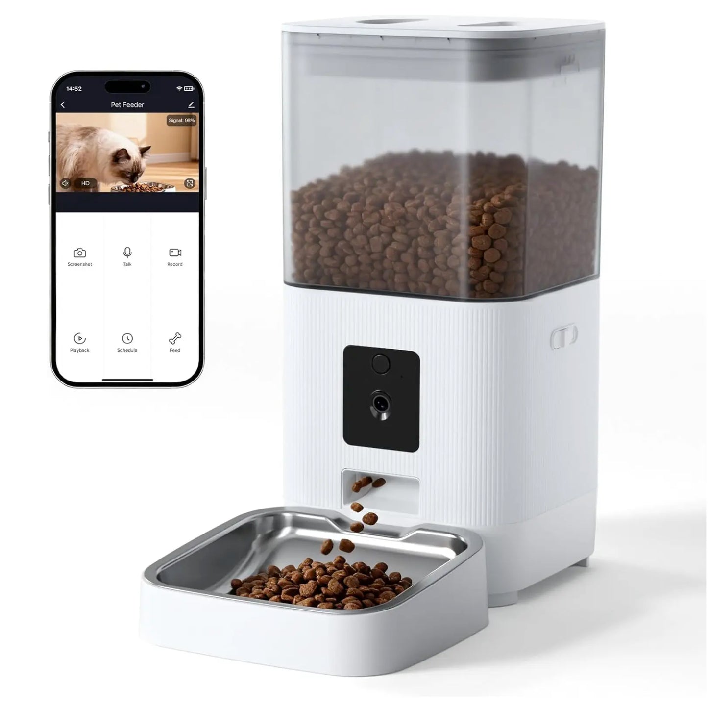 Smart Automatic Pet Feeder with HD Camera, 5G Wi-Fi App Control, Two-Way Audio, Night Vision, and Portion Scheduling for Cats and Dogs with Stainless Steel Bowl