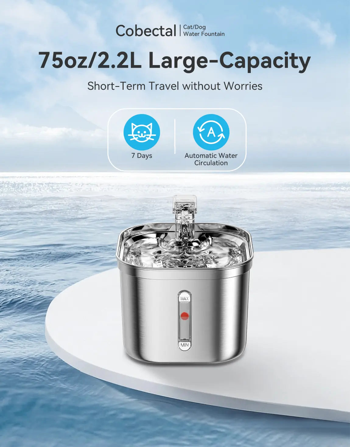 Stainless Steel Cat Water Fountain - 74oz/2.2L with Multi-Filter, Compact Design for Easy Cleaning, Ideal for Cats and Small Dogs