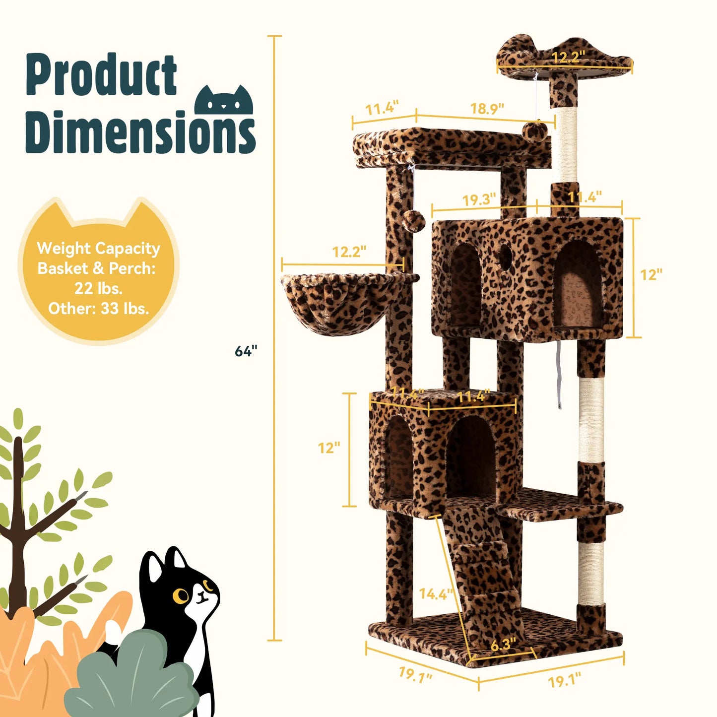 HOOMIC 64-Inch Large Cat Tree – Multi-Level Cat Tower with Durable Activity Center for Indoor Cats,Beige/Dark Grey/Grey/Pink/Leopard Print & Spot Patterns#Summervibes