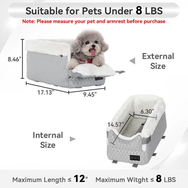 PETSFIT Center Console Dog Car Seat with 5-Year Warranty, Enhanced Safety Hooks and Tethers, Washable Cushion, Designed for Small Dogs up to 8 lbs (Grey)