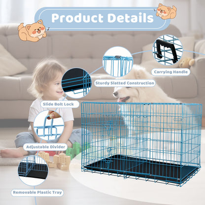 42 Inch Dog Crate, Dog Crates and Kennels for Big Dog Foldable Large Dog Crate for Large Dogs with Handle Double-Door Outdoor Metal Wire Dog Cage with Plastic Tray for Medium Dogs, Blue