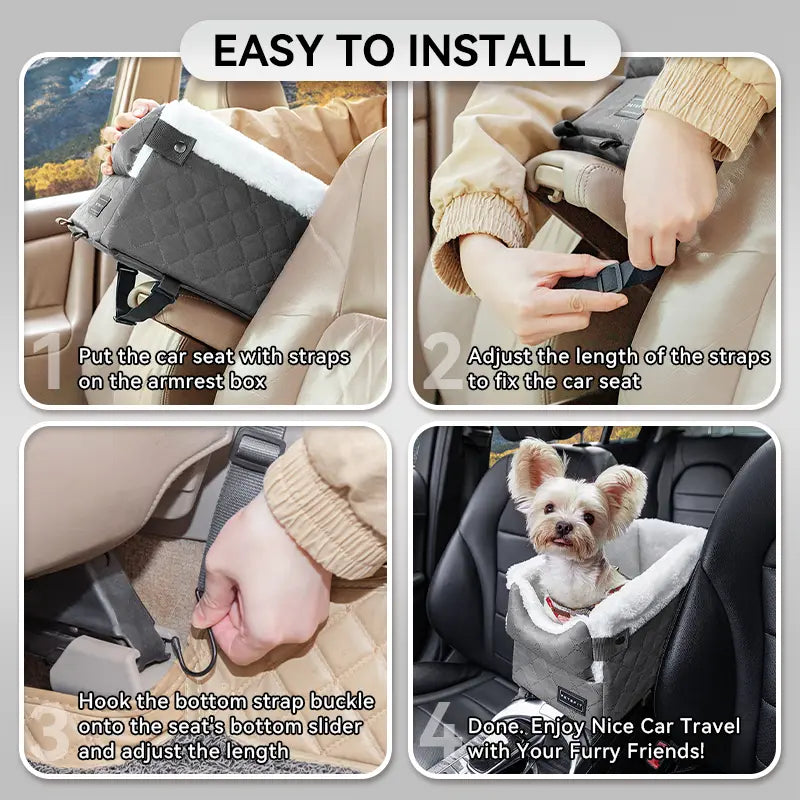PETSFIT Center Console Dog Car Seat with 5-Year Warranty, Enhanced Safety Hooks and Tethers, Washable Cushion, Designed for Small Dogs up to 8 lbs (Grey)