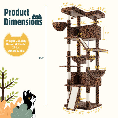 HOOMIC 81In Large Cat Tree Tower, Multi-Level Climbing House with Condo, Hammock & Scratching Post, Wide Base for Big Felines, Grey/Beige/Dark Blue/Pink/Leopard Print/Black Dots#Summervibes