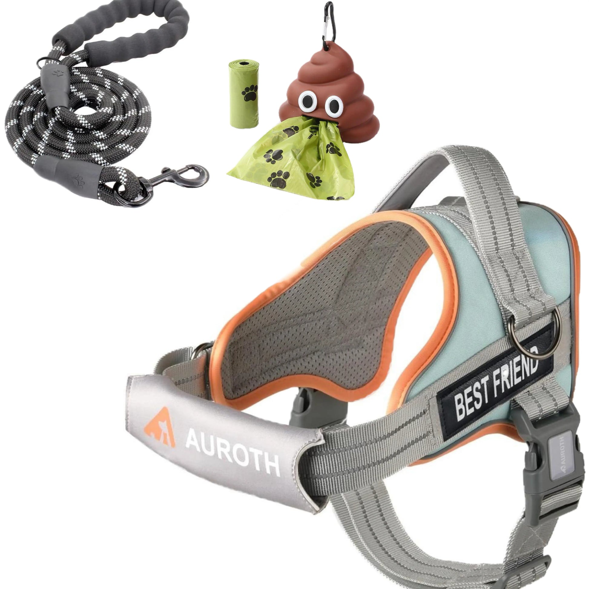 【#Summervibes #Petlovers】Auroth No Pull Dog Harness and Leash Combo with Cute Poop Bag Holder, Reflective Adjustable Soft Padded Safety Harness, Dog Poop Bag Dispenser with 1 Roll 15 Bags, Dog Walking & Training Kit for Small Medium Large Dogs