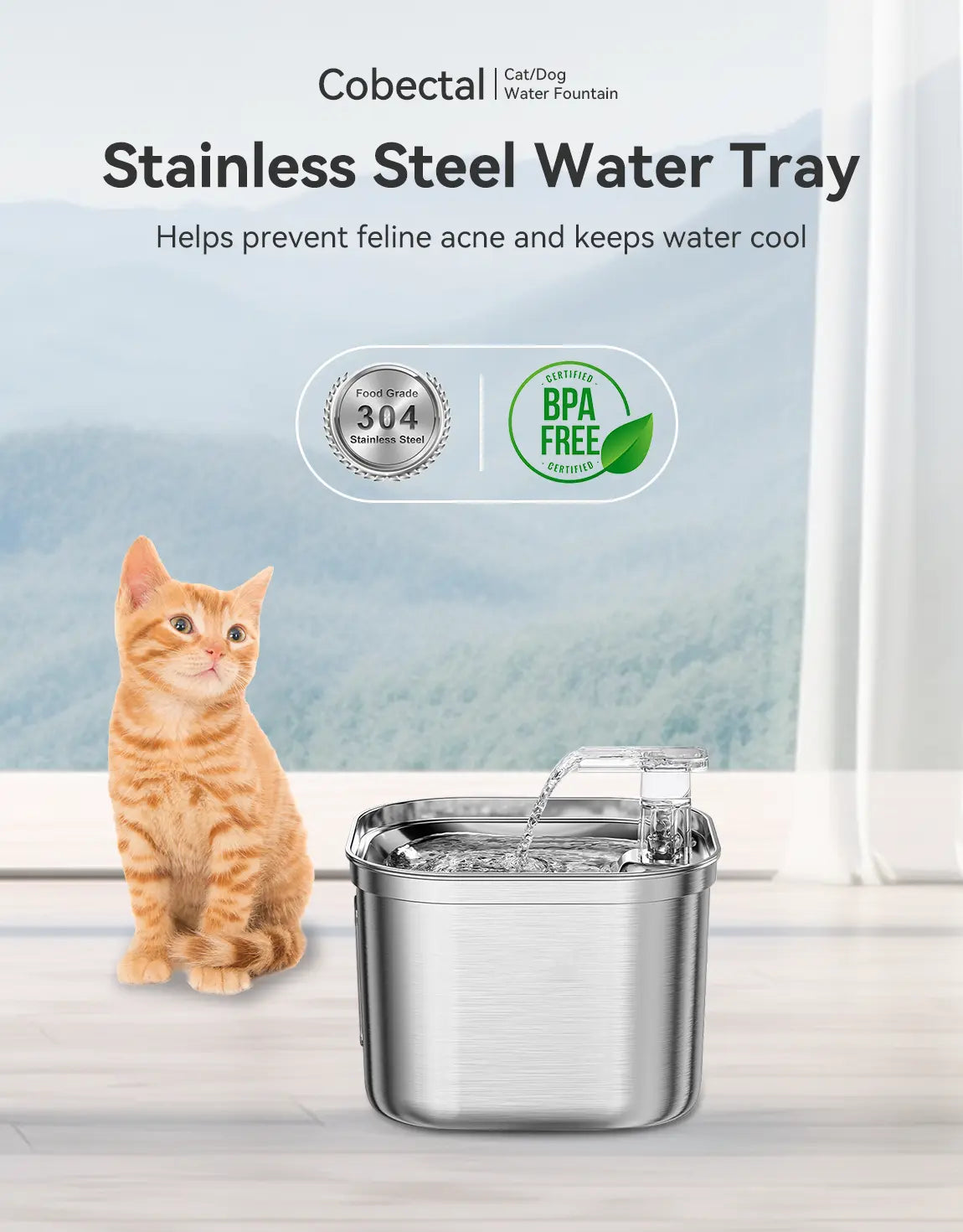 Stainless Steel Cat Water Fountain - 74oz/2.2L with Multi-Filter, Compact Design for Easy Cleaning, Ideal for Cats and Small Dogs