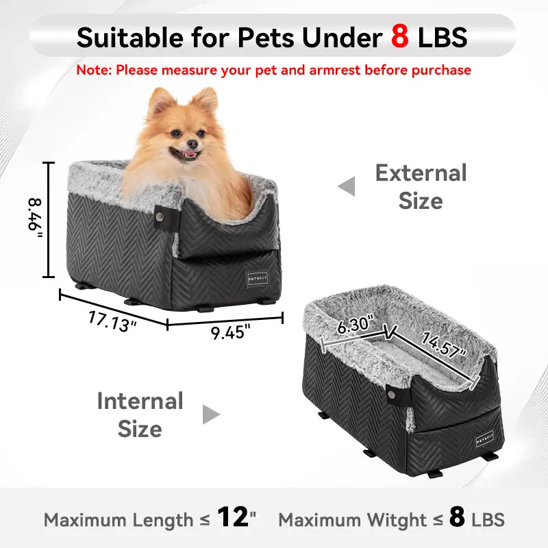 PETSFIT Center Console Dog Car Seat with 5-Year Warranty, Enhanced Safety Hooks and Tethers, Washable Cushion, Designed for Small Dogs up to 8 lbs (Grey)