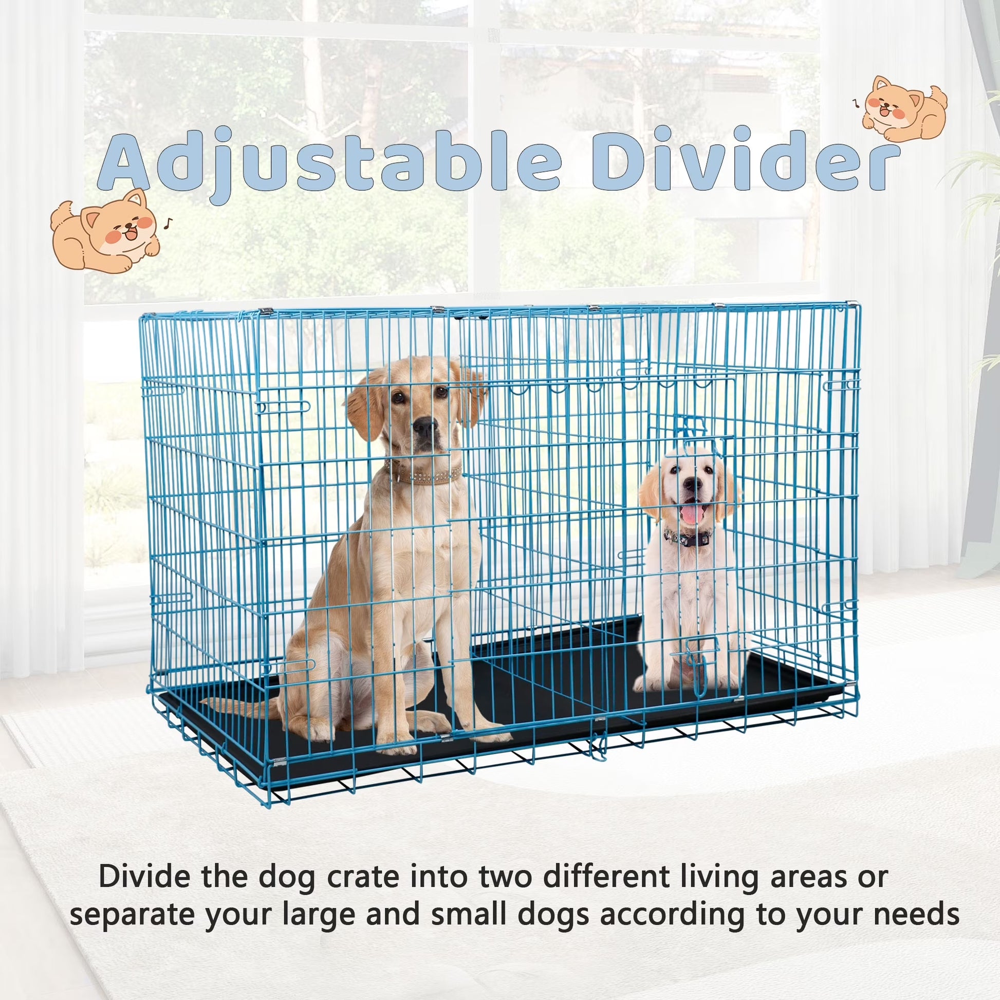 42 Inch Dog Crate, Dog Crates and Kennels for Big Dog Foldable Large Dog Crate for Large Dogs with Handle Double-Door Outdoor Metal Wire Dog Cage with Plastic Tray for Medium Dogs, Blue