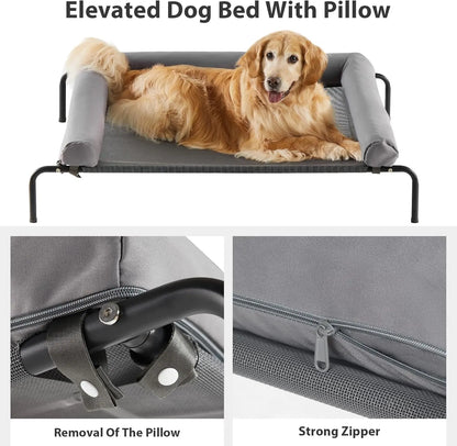 BFPETHOME Cooling Elevated Dog Bed for Large Dogs - Waterproof Raised Cot with Slope Headrest, Breathable Teslin Mesh, Durable Portable Pet Bed for Joint Relief, Indoor & Outdoor Use, Grey,Summervibes