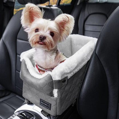 PETSFIT Center Console Dog Car Seat with 5-Year Warranty, Enhanced Safety Hooks and Tethers, Washable Cushion, Designed for Small Dogs up to 8 lbs (Grey)