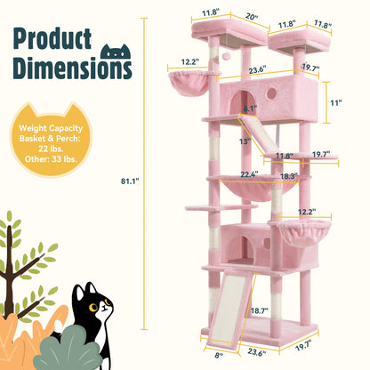 HOOMIC 81In Large Cat Tree Tower, Multi-Level Climbing House with Condo, Hammock & Scratching Post, Wide Base for Big Felines, Grey/Beige/Dark Blue/Pink/Leopard Print/Black Dots#Summervibes