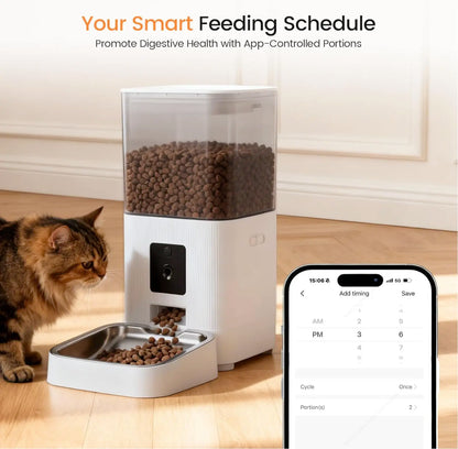 Smart Automatic Pet Feeder with HD Camera, 5G Wi-Fi App Control, Two-Way Audio, Night Vision, and Portion Scheduling for Cats and Dogs with Stainless Steel Bowl