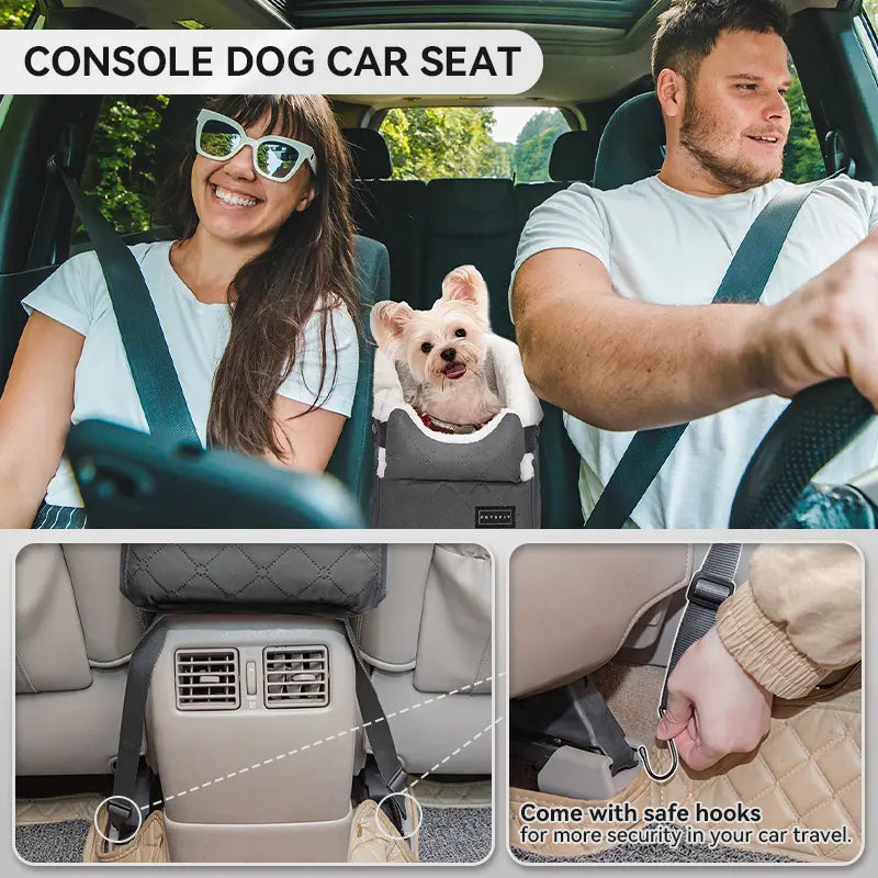 PETSFIT Center Console Dog Car Seat with 5-Year Warranty, Enhanced Safety Hooks and Tethers, Washable Cushion, Designed for Small Dogs up to 8 lbs (Grey)