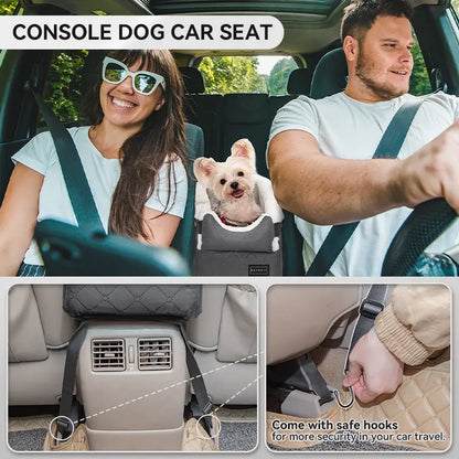 PETSFIT Center Console Dog Car Seat with 5-Year Warranty, Enhanced Safety Hooks and Tethers, Washable Cushion, Designed for Small Dogs up to 8 lbs (Grey)