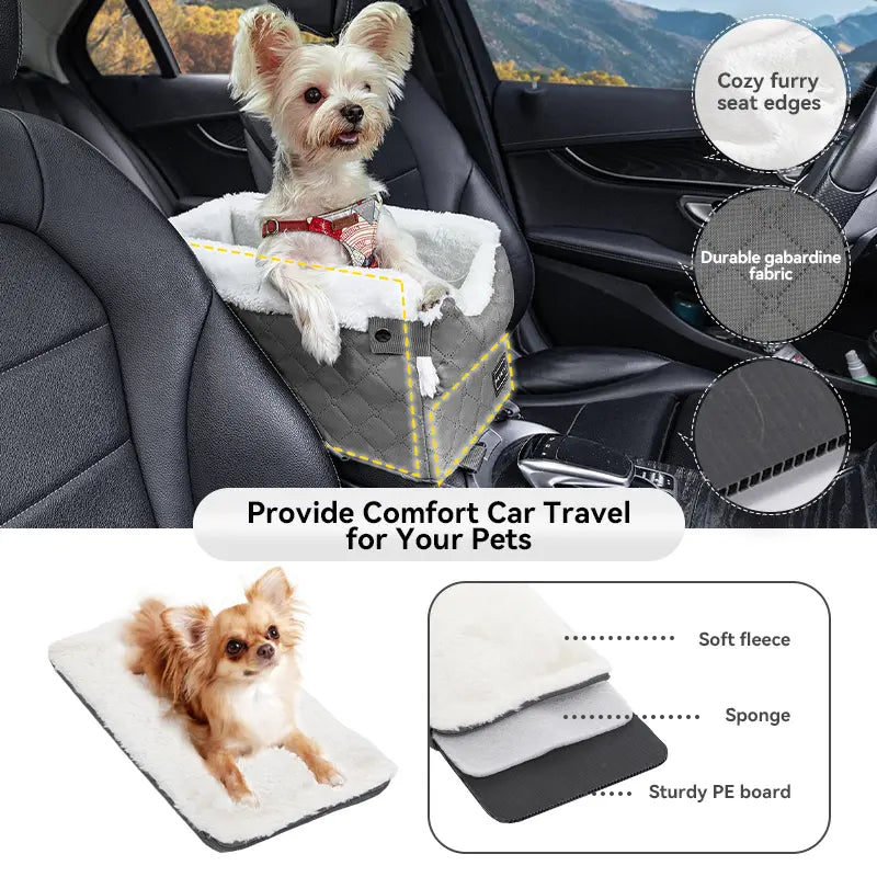 PETSFIT Center Console Dog Car Seat with 5-Year Warranty, Enhanced Safety Hooks and Tethers, Washable Cushion, Designed for Small Dogs up to 8 lbs (Grey)
