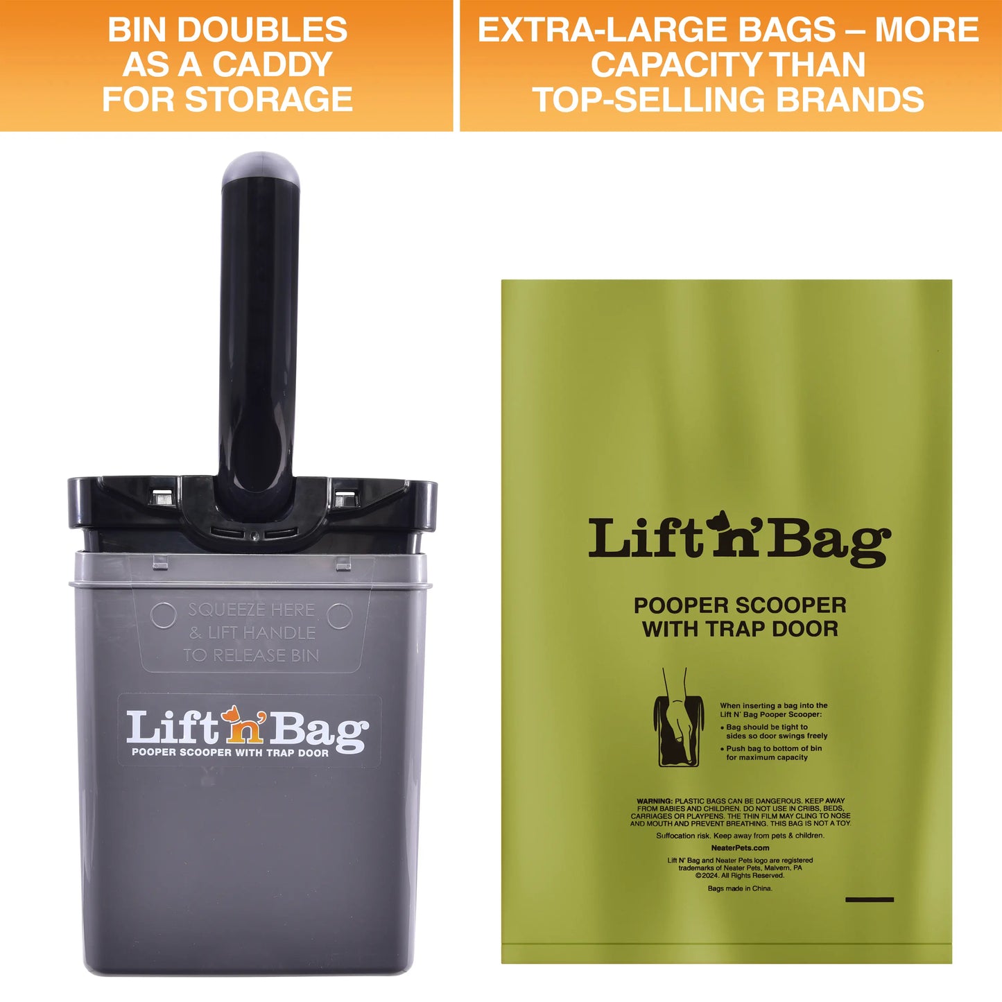 NEATER PETS Lift N' Bag Dog Pooper Scooper 2.0, 6” Handle Version - Scoop-To-Bag Design, One-Handed Operation, Extra-Large Bags, Made in USA