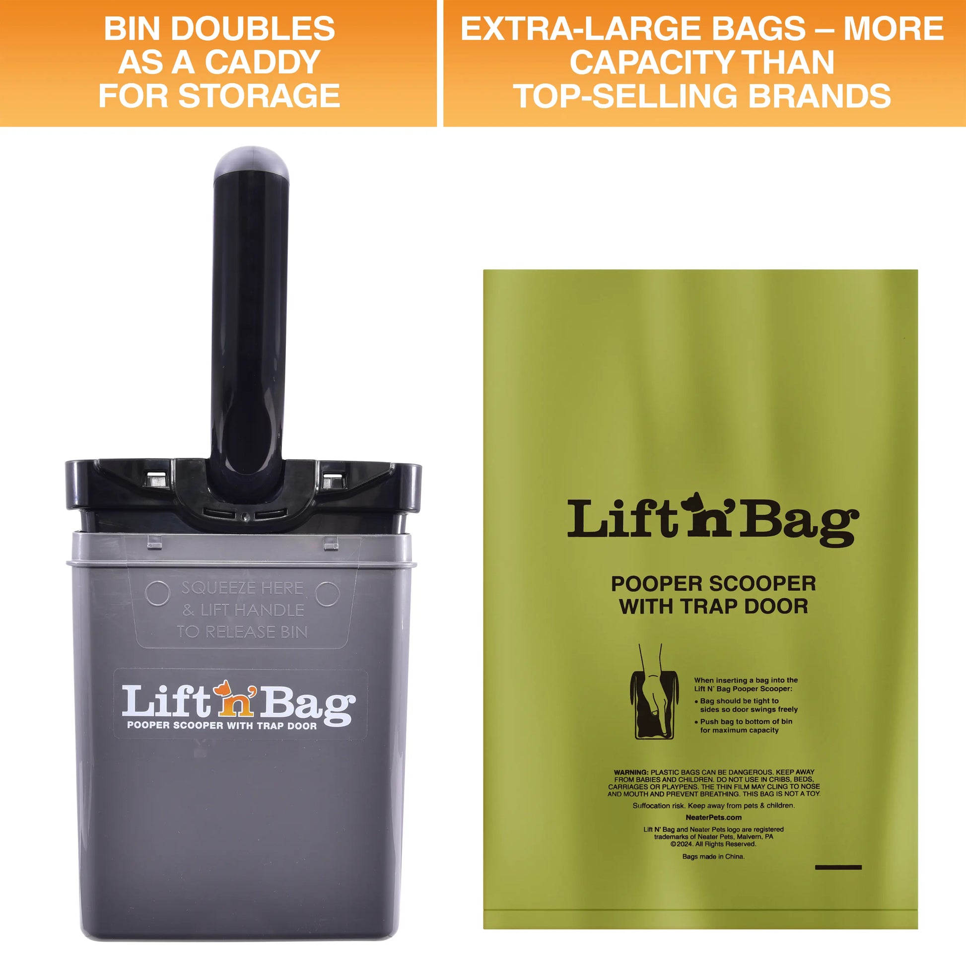 NEATER PETS Lift N' Bag Dog Pooper Scooper 2.0, 6” Handle Version - Scoop-To-Bag Design, One-Handed Operation, Extra-Large Bags, Made in USA
